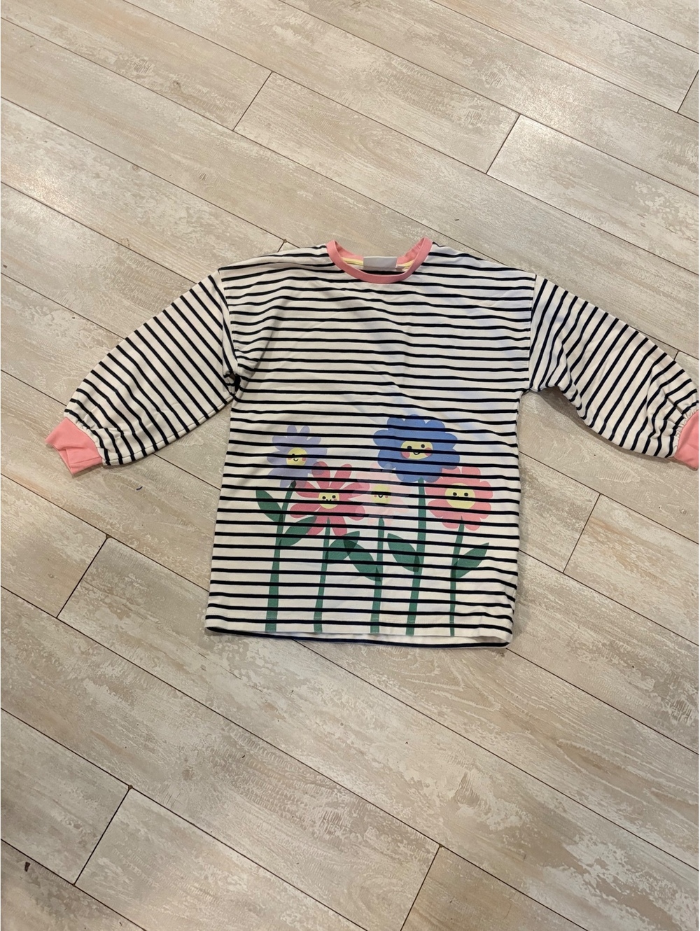 Mini Boden Girls Striped Flower Graphic Long Sleeve Shirt Pink Blue 7-8Y